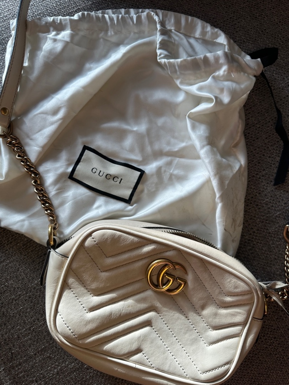 Gucci Cream Chevron Marmont Small Camera Crossbody with Gold GG